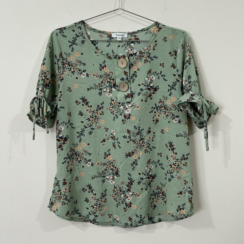 PERSAYA Floral Blouse L Cottagecore Peasant Green Peach Ruffle Side Slits